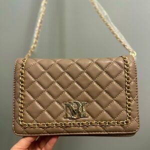 NWT!! Badgley Mischka Vegan Leather Quilting Crossbody W/ Braided Chain -Taupe